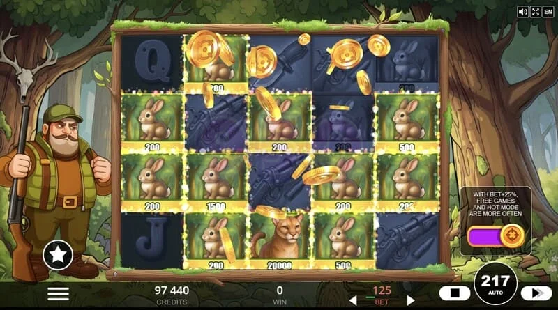 Hunt the Bucks - specialsymboler Hunter-Wild, Scatter och Animal Credit på rutnätet